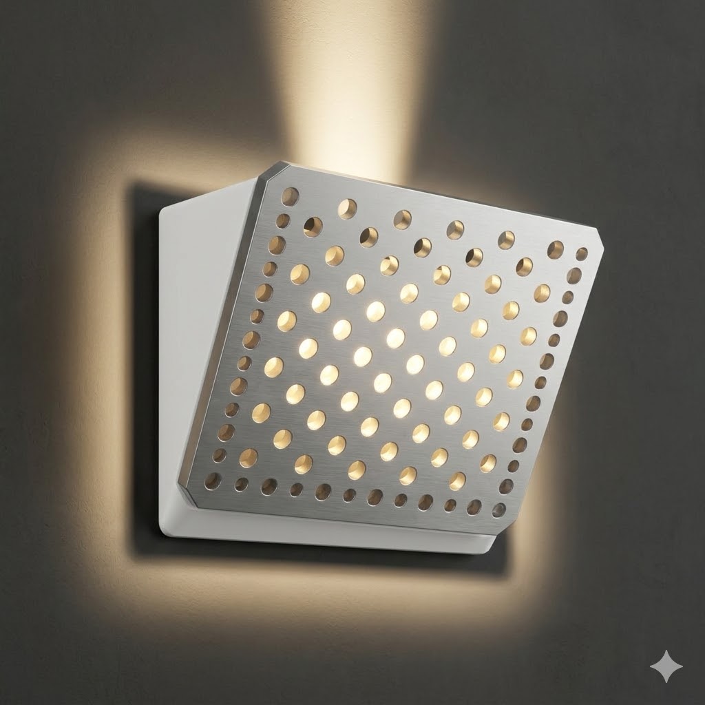 Close-up render of the perforated aluminium plate tilted on a plain white printed wedge, glowing on a dark wall