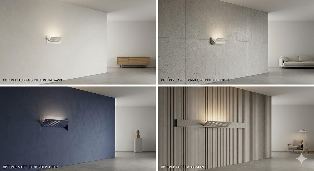 A single AI-generated image split into four labelled options showing the sconce on four different wall treatments