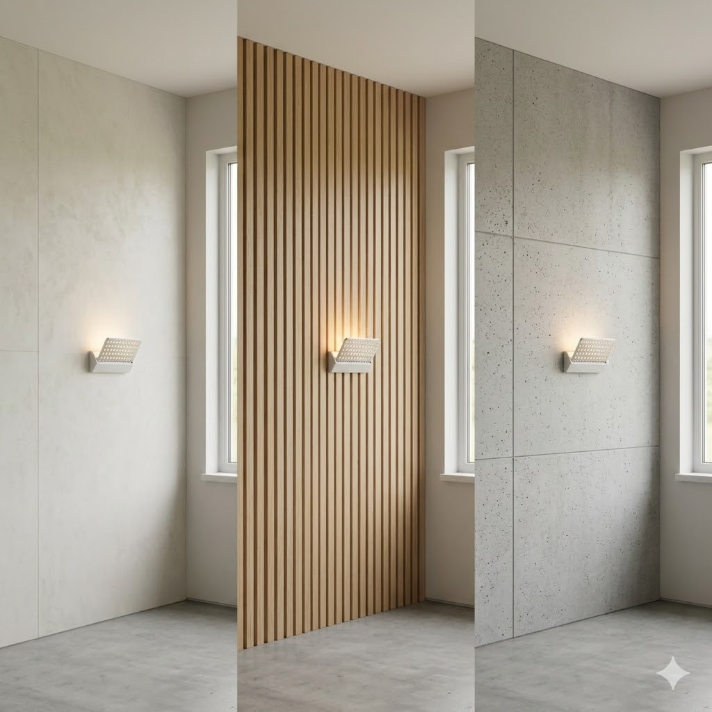 Triptych render of the same sconce on limewash, wood-slat, and concrete walls