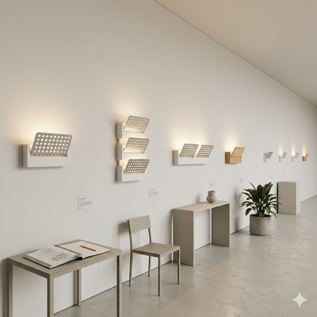 A gallery hallway render with many sconce variants hung in a row like an exhibition