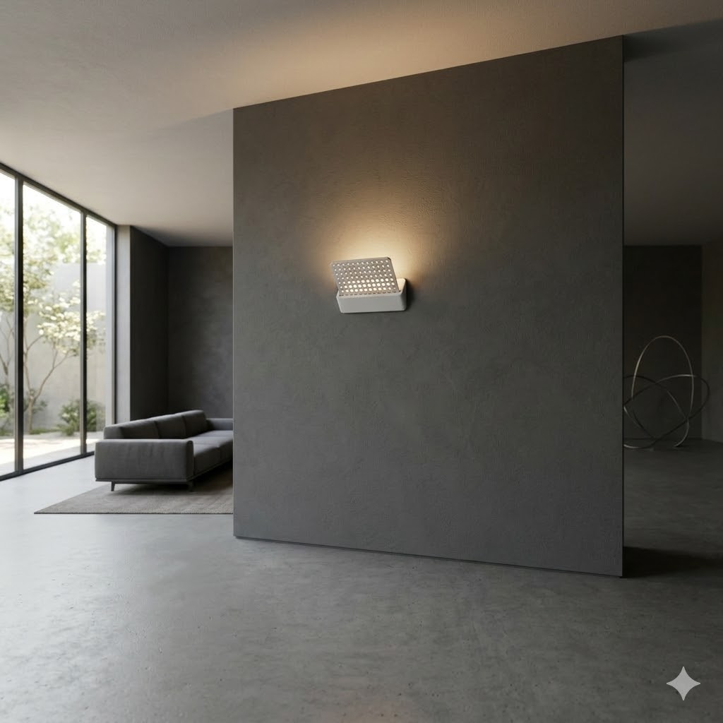 The sconce glowing on a dark plaster feature wall in a dim lounge