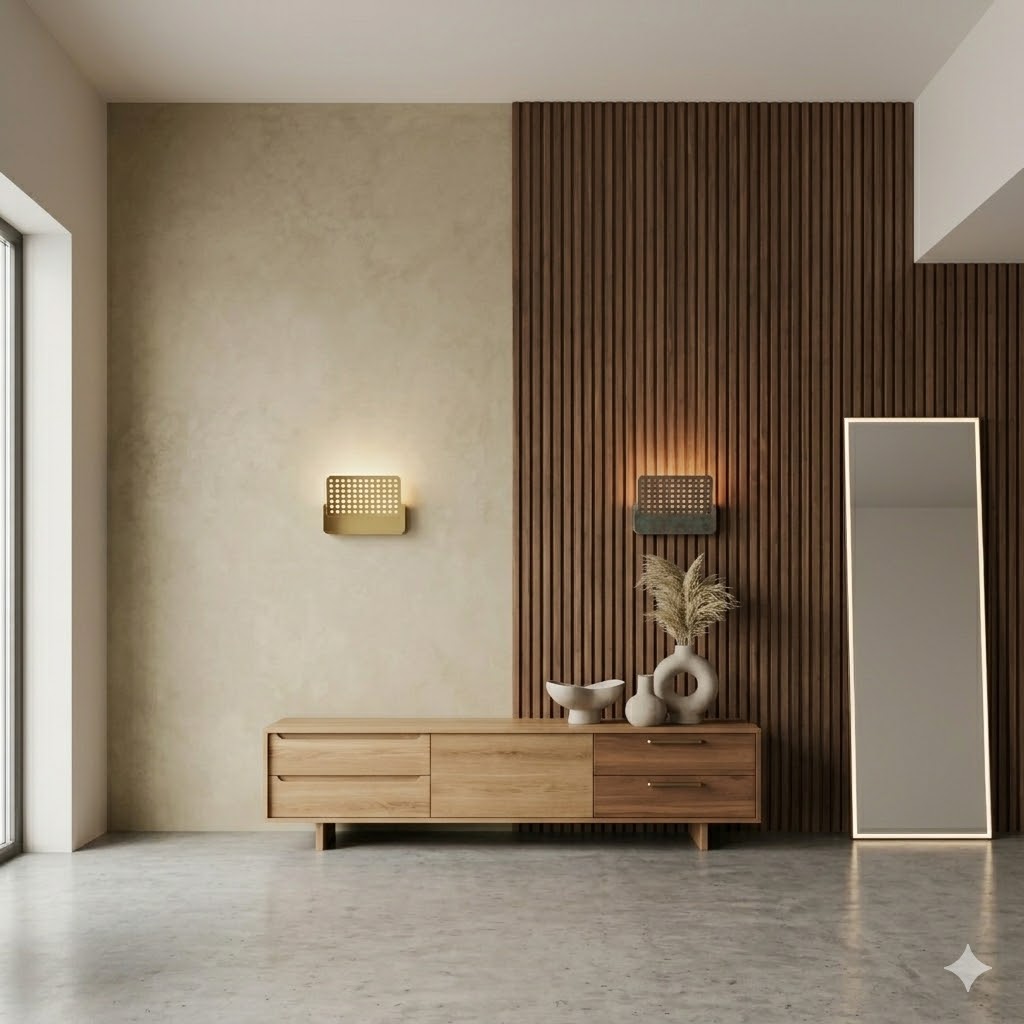 A warm entry hall with wood slats where the sconce appears in brass and dark-green versions