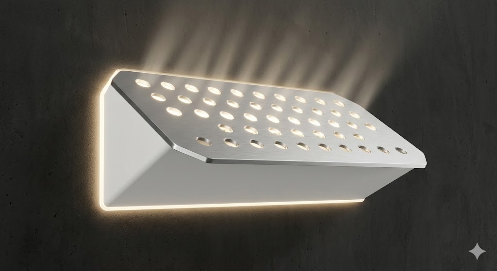 A wide elongated sconce whose plate has been stretched with oval holes