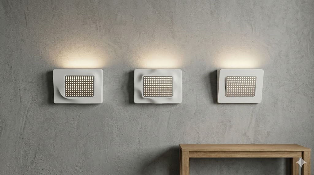 Three sconces whose face plates carry a much denser hole grid than the real plate