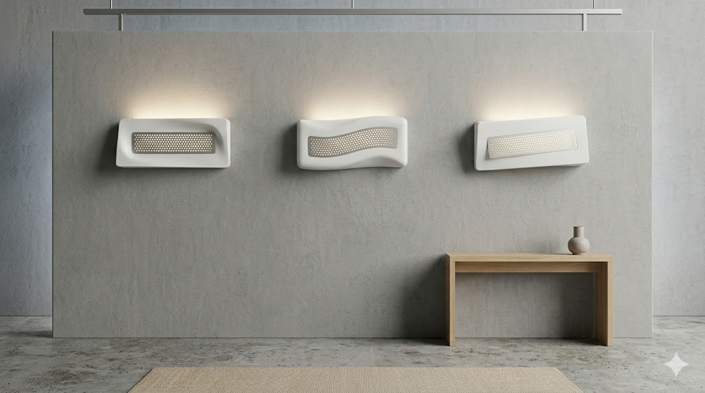 Three wavy sculpted sconce bodies with a long perforated strip set into each