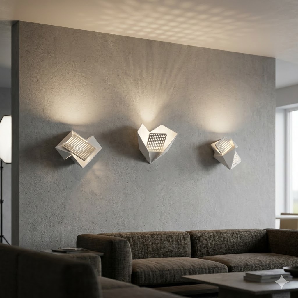 Three folded, faceted origami-like sconce bodies casting patterned light on a plaster wall