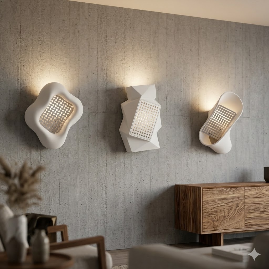 Three organic and crumpled sconce bodies cradling the perforated plate on a concrete wall