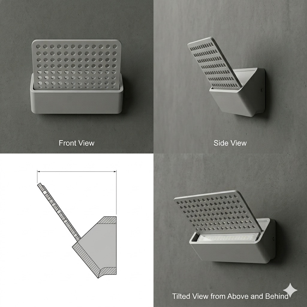 The chosen concept pinned down in four views: front, side, a section sketch, and a tilted view from above and behind
