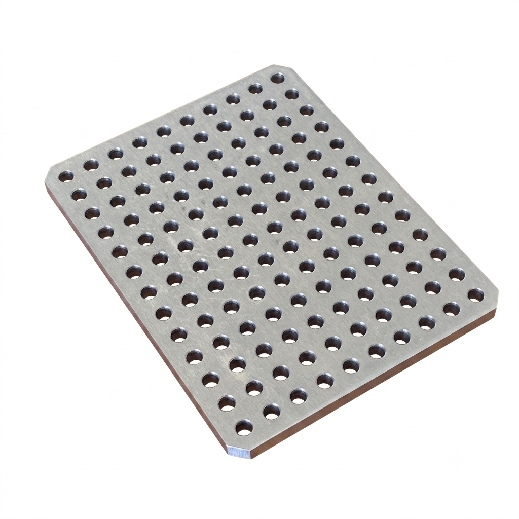 A machined aluminium plate with a dense grid of countersunk holes
